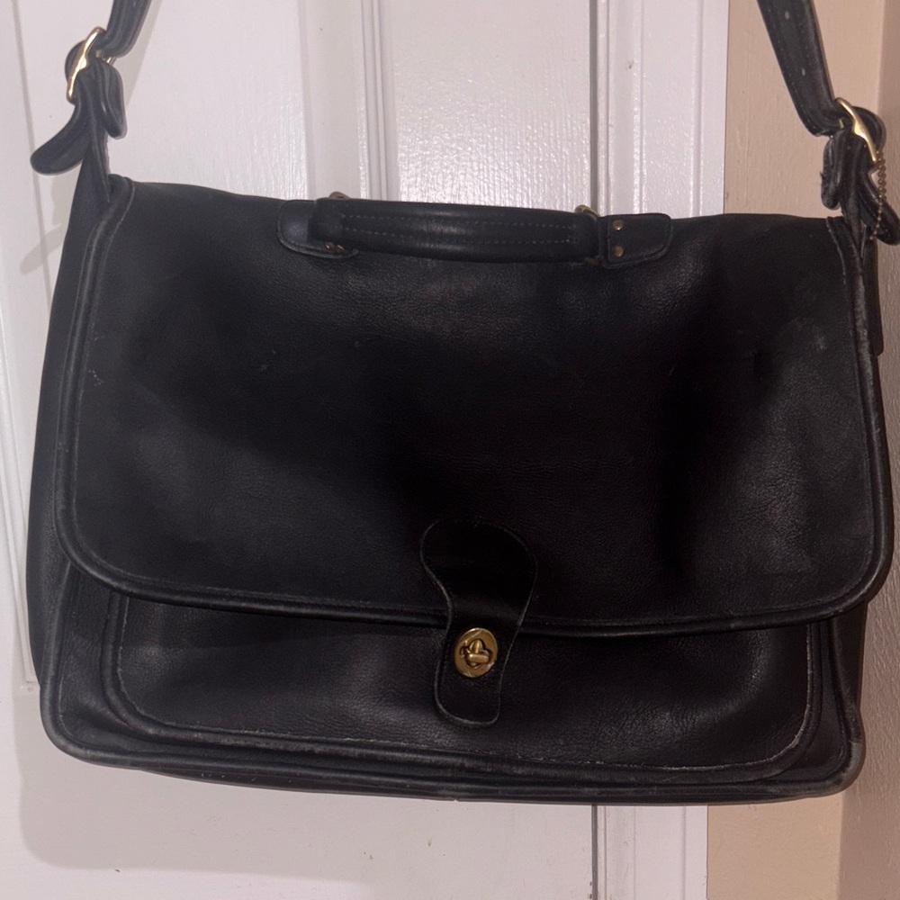 Coach Black Leather Messenger Bag with Gold Accents
